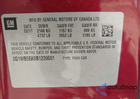 2011 Chevrolet Impala Lt z USA, uszkodzony, nr VIN 2G1WB5EK8B1239601